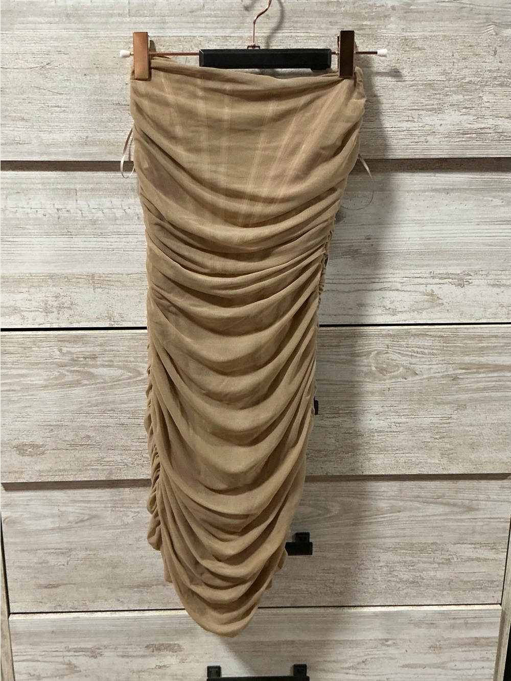 Ruched Tan Midi Dress with Scalloped Draping